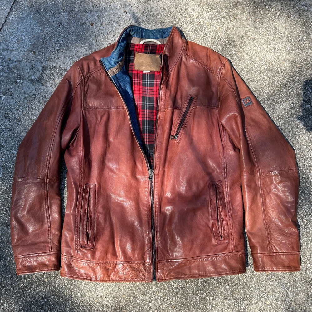 Hugo Boss Orange Jeryc Brown Leather Cafe Racer Jacket Plaid Lining Mens